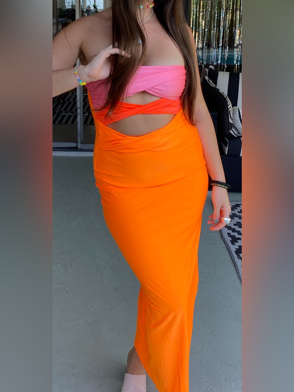 Amazon Strapless Pink and Orange Cutout Maxi Dress